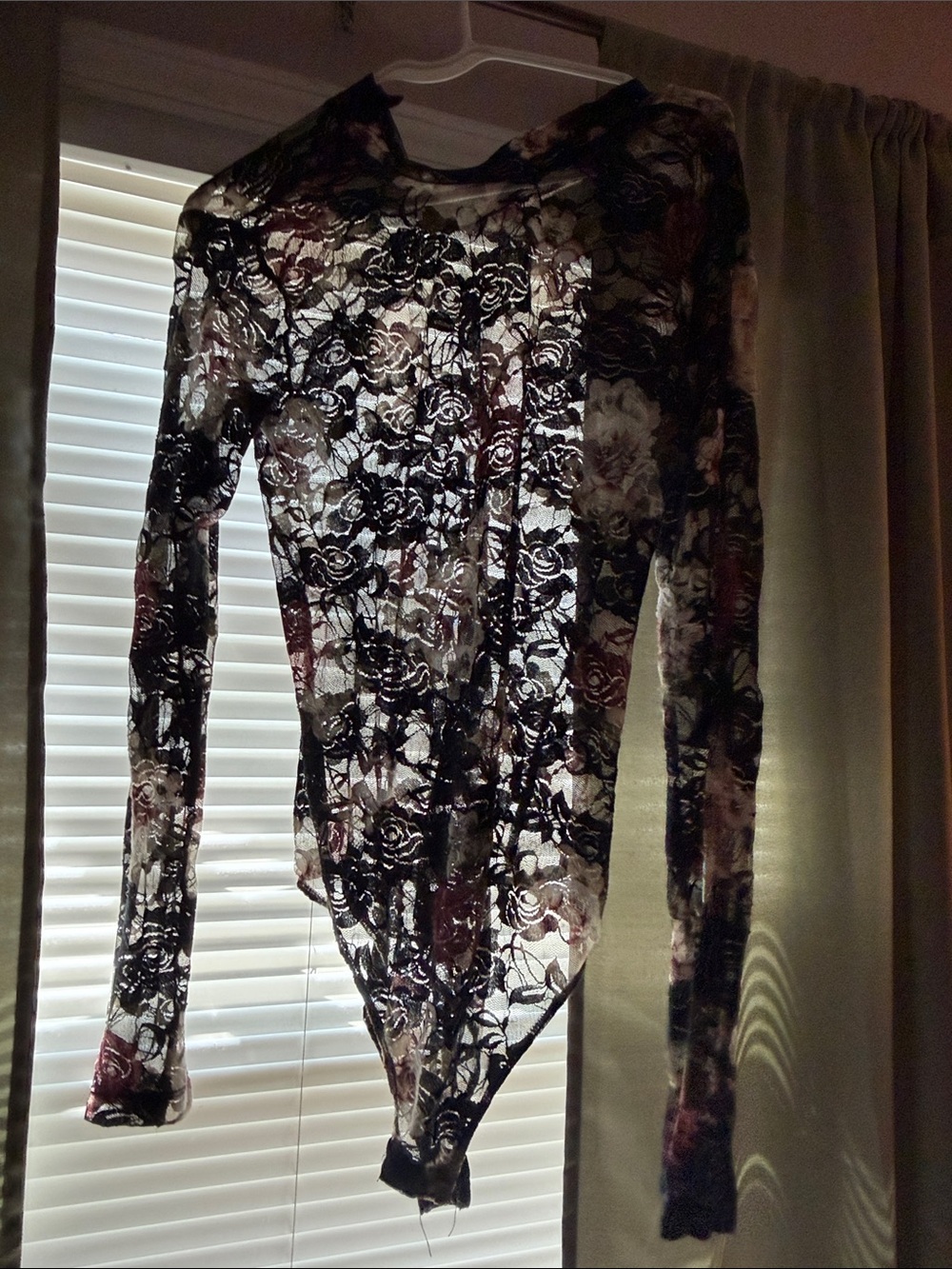 Source Unknown Sheer Floral Lace Long-Sleeve Bodysuit in Black and Burgundy